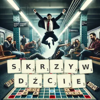 Kreatywna ilustracja do gry w Scrabble ze słowem SKRZYWDŹCIE ułożonym z płytek na planszy.