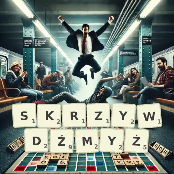 Kreatywna ilustracja do gry w Scrabble ze słowem SKRZYWDŹMYŻ ułożonym z płytek na planszy.