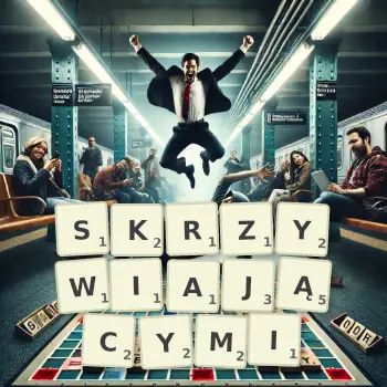 Kreatywna ilustracja do gry w Scrabble ze słowem SKRZYWIAJĄCYMI ułożonym z płytek na planszy.