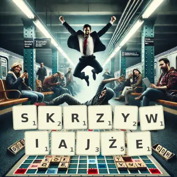 Kreatywna ilustracja do gry w Scrabble ze słowem SKRZYWIAJŻE ułożonym z płytek na planszy.