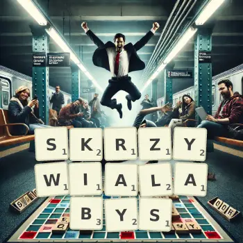 Kreatywna ilustracja do gry w Scrabble ze słowem SKRZYWIALABYS ułożonym z płytek na planszy.