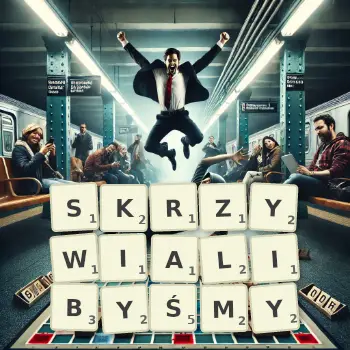 Kreatywna ilustracja do gry w Scrabble ze słowem SKRZYWIALIBYŚMY ułożonym z płytek na planszy.