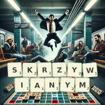 Kreatywna ilustracja do gry w Scrabble ze słowem SKRZYWIANYM ułożonym z płytek na planszy.