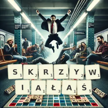 Kreatywna ilustracja do gry w Scrabble ze słowem SKRZYWIAŁAŚ ułożonym z płytek na planszy.