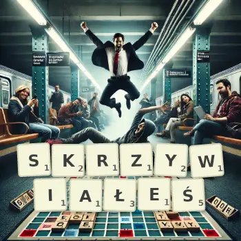 Kreatywna ilustracja do gry w Scrabble ze słowem SKRZYWIAŁEŚ ułożonym z płytek na planszy.