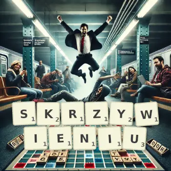 Kreatywna ilustracja do gry w Scrabble ze słowem SKRZYWIENIU ułożonym z płytek na planszy.