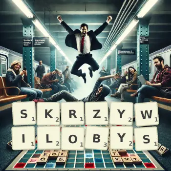 Kreatywna ilustracja do gry w Scrabble ze słowem SKRZYWILOBYS ułożonym z płytek na planszy.