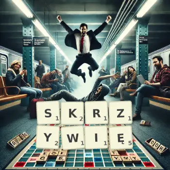 Kreatywna ilustracja do gry w Scrabble ze słowem SKRZYWIĘ ułożonym z płytek na planszy.