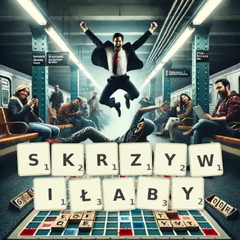 Kreatywna ilustracja do gry w Scrabble ze słowem SKRZYWIŁABY ułożonym z płytek na planszy.