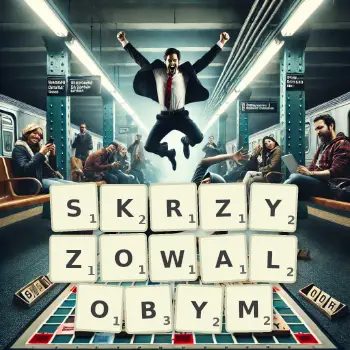 Kreatywna ilustracja do gry w Scrabble ze słowem SKRZYZOWALOBYM ułożonym z płytek na planszy.
