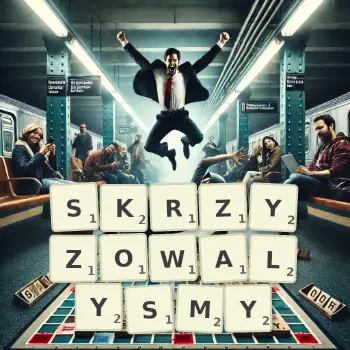 Kreatywna ilustracja do gry w Scrabble ze słowem SKRZYZOWALYSMY ułożonym z płytek na planszy.