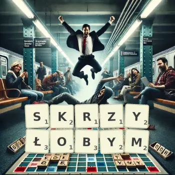 Kreatywna ilustracja do gry w Scrabble ze słowem SKRZYŁOBYM ułożonym z płytek na planszy.