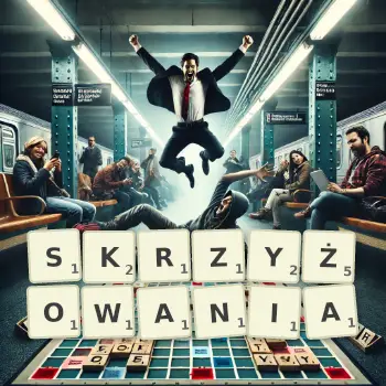 Kreatywna ilustracja do gry w Scrabble ze słowem SKRZYŻOWANIA ułożonym z płytek na planszy.