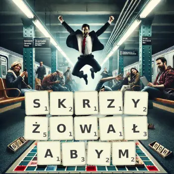 Kreatywna ilustracja do gry w Scrabble ze słowem SKRZYŻOWAŁABYM ułożonym z płytek na planszy.