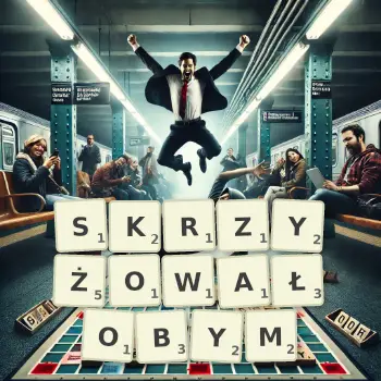 Kreatywna ilustracja do gry w Scrabble ze słowem SKRZYŻOWAŁOBYM ułożonym z płytek na planszy.