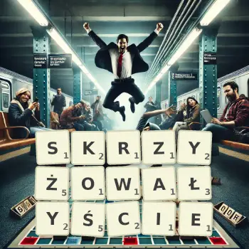Kreatywna ilustracja do gry w Scrabble ze słowem SKRZYŻOWAŁYŚCIE ułożonym z płytek na planszy.