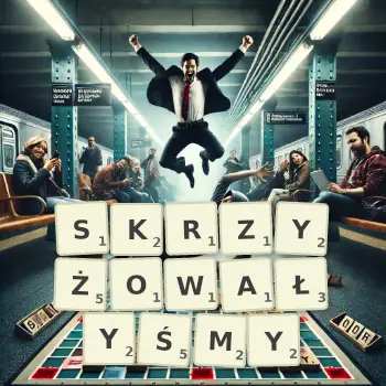 Kreatywna ilustracja do gry w Scrabble ze słowem SKRZYŻOWAŁYŚMY ułożonym z płytek na planszy.
