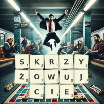 Kreatywna ilustracja do gry w Scrabble ze słowem SKRZYŻOWUJCIE ułożonym z płytek na planszy.