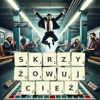 Kreatywna ilustracja do gry w Scrabble ze słowem SKRZYŻOWUJCIEŻ ułożonym z płytek na planszy.