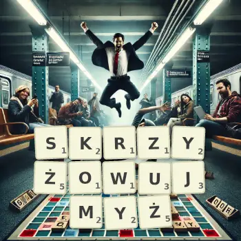 Kreatywna ilustracja do gry w Scrabble ze słowem SKRZYŻOWUJMYŻ ułożonym z płytek na planszy.