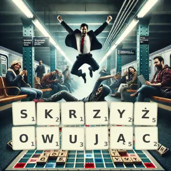 Kreatywna ilustracja do gry w Scrabble ze słowem SKRZYŻOWUJĄC ułożonym z płytek na planszy.