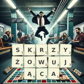 Kreatywna ilustracja do gry w Scrabble ze słowem SKRZYŻOWUJĄCA ułożonym z płytek na planszy.