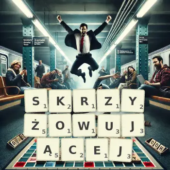 Kreatywna ilustracja do gry w Scrabble ze słowem SKRZYŻOWUJĄCEJ ułożonym z płytek na planszy.