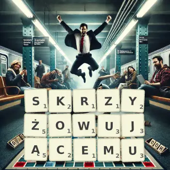 Kreatywna ilustracja do gry w Scrabble ze słowem SKRZYŻOWUJĄCEMU ułożonym z płytek na planszy.
