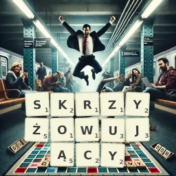 Kreatywna ilustracja do gry w Scrabble ze słowem SKRZYŻOWUJĄCY ułożonym z płytek na planszy.