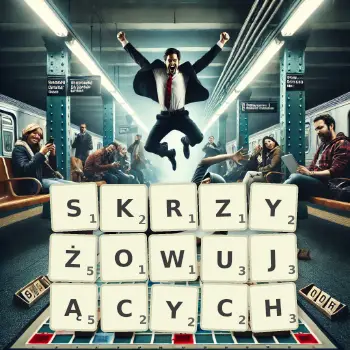 Kreatywna ilustracja do gry w Scrabble ze słowem SKRZYŻOWUJĄCYCH ułożonym z płytek na planszy.