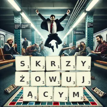 Kreatywna ilustracja do gry w Scrabble ze słowem SKRZYŻOWUJĄCYM ułożonym z płytek na planszy.