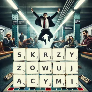 Kreatywna ilustracja do gry w Scrabble ze słowem SKRZYŻOWUJĄCYMI ułożonym z płytek na planszy.