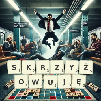 Kreatywna ilustracja do gry w Scrabble ze słowem SKRZYŻOWUJĘ ułożonym z płytek na planszy.