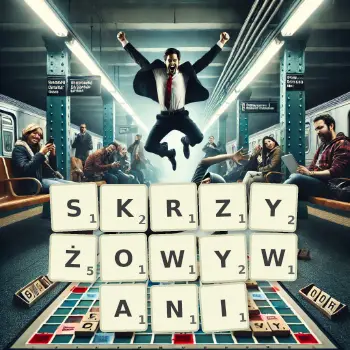 Kreatywna ilustracja do gry w Scrabble ze słowem SKRZYŻOWYWANI ułożonym z płytek na planszy.