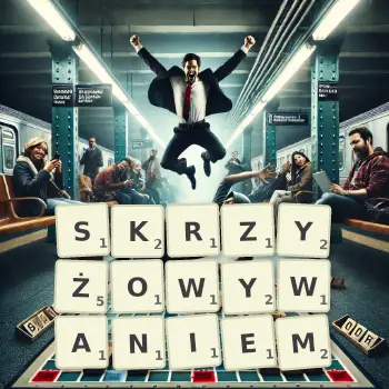 Kreatywna ilustracja do gry w Scrabble ze słowem SKRZYŻOWYWANIEM ułożonym z płytek na planszy.