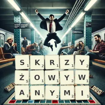 Kreatywna ilustracja do gry w Scrabble ze słowem SKRZYŻOWYWANYMI ułożonym z płytek na planszy.