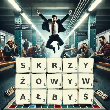 Kreatywna ilustracja do gry w Scrabble ze słowem SKRZYŻOWYWAŁBYŚ ułożonym z płytek na planszy.