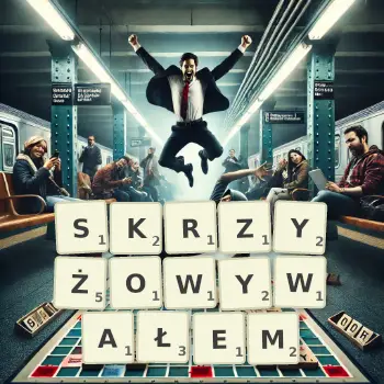 Kreatywna ilustracja do gry w Scrabble ze słowem SKRZYŻOWYWAŁEM ułożonym z płytek na planszy.