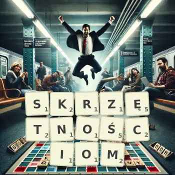 Kreatywna ilustracja do gry w Scrabble ze słowem SKRZĘTNOŚCIOM ułożonym z płytek na planszy.