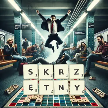 Kreatywna ilustracja do gry w Scrabble ze słowem SKRZĘTNY ułożonym z płytek na planszy.