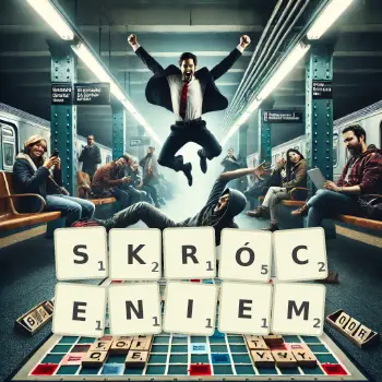 Kreatywna ilustracja do gry w Scrabble ze słowem SKRÓCENIEM ułożonym z płytek na planszy.