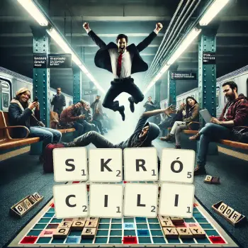 Kreatywna ilustracja do gry w Scrabble ze słowem SKRÓCILI ułożonym z płytek na planszy.