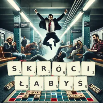 Kreatywna ilustracja do gry w Scrabble ze słowem SKRÓCIŁABYŚ ułożonym z płytek na planszy.
