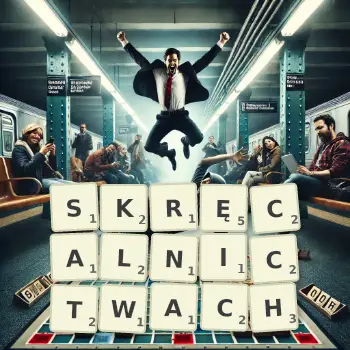 Kreatywna ilustracja do gry w Scrabble ze słowem SKRĘCALNICTWACH ułożonym z płytek na planszy.