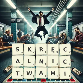 Kreatywna ilustracja do gry w Scrabble ze słowem SKRĘCALNICTWAMI ułożonym z płytek na planszy.