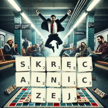 Kreatywna ilustracja do gry w Scrabble ze słowem SKRĘCALNICZEJ ułożonym z płytek na planszy.