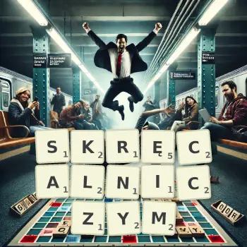 Kreatywna ilustracja do gry w Scrabble ze słowem SKRĘCALNICZYM ułożonym z płytek na planszy.