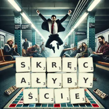 Kreatywna ilustracja do gry w Scrabble ze słowem SKRĘCAŁYBYŚCIE ułożonym z płytek na planszy.