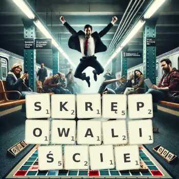 Kreatywna ilustracja do gry w Scrabble ze słowem SKRĘPOWALIŚCIE ułożonym z płytek na planszy.