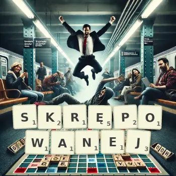 Kreatywna ilustracja do gry w Scrabble ze słowem SKRĘPOWANEJ ułożonym z płytek na planszy.